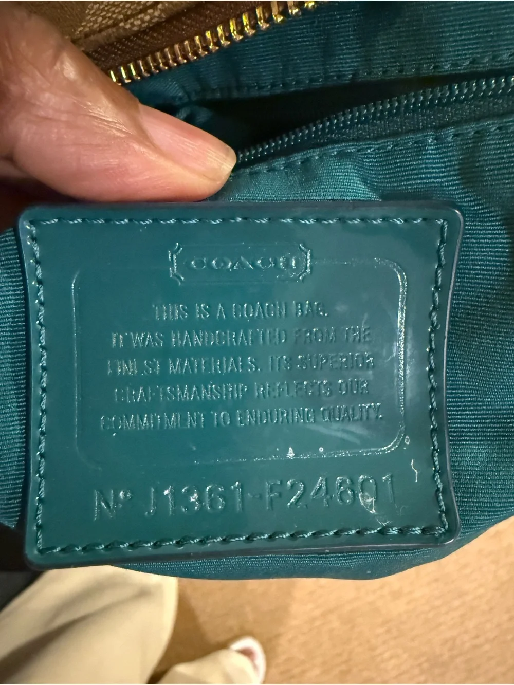 Coach Beige Signature Shoulder Bag with Teal Trim